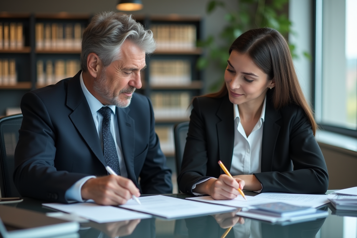 Homme d'âge moyen et jeune femme en réunion d'affaires