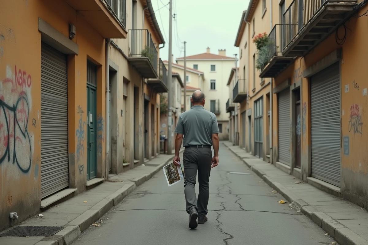 Rue dégradée d'un quartier à éviter à Fréjus avec immeubles vétustes et trottoirs abîmés