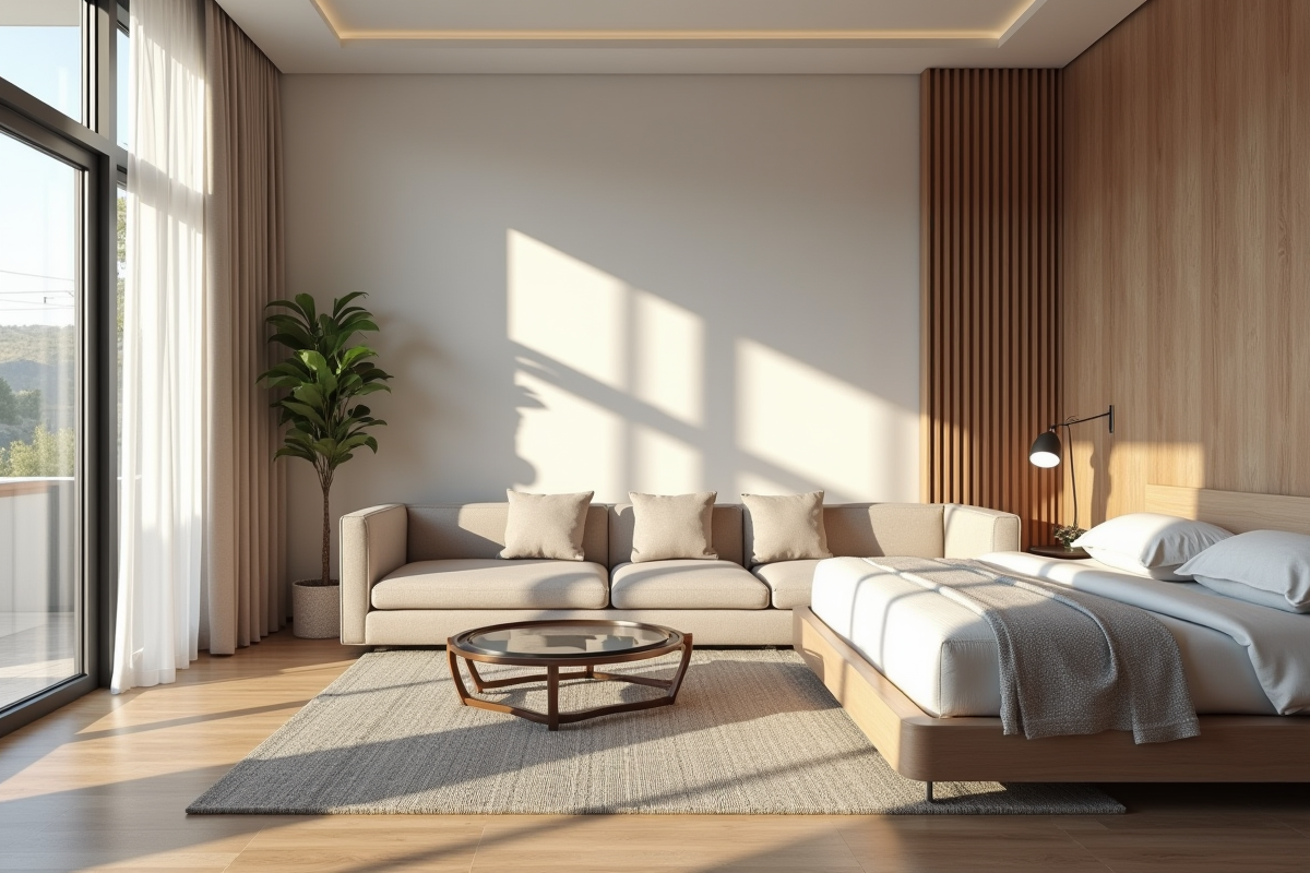 Salon moderne dans une location de vacances lumineuse