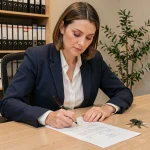 Femme professionnelle signant une attestation de remise de clés dans un bureau immobilier moderne