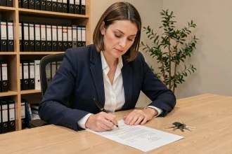 Femme professionnelle signant une attestation de remise de clés dans un bureau immobilier moderne