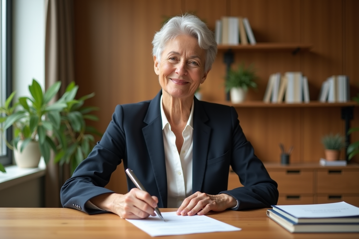 Femme senior signant un contrat dans un bureau lumineux