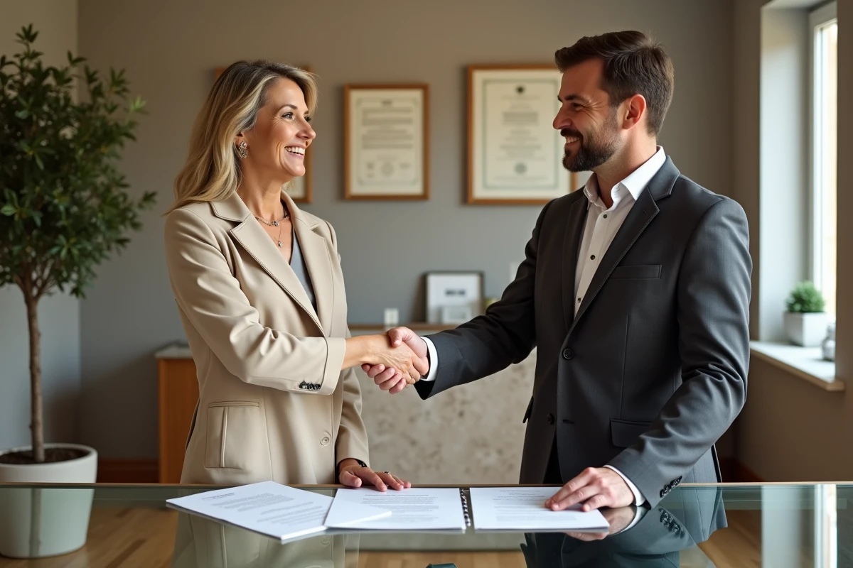 Deux professionnels de l'immobilier signant un contrat sécurisé conforme aux engagements RSE dans une agence élégante
