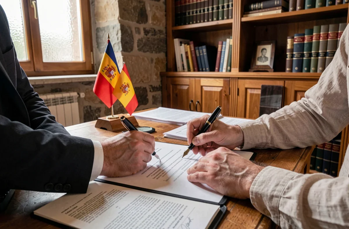 Signature d'un contrat immobilier chez un notaire à Andorre-la-Vieille pour l'achat sécurisé d'un appartement
