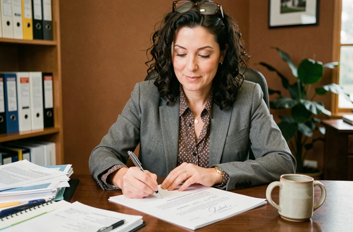 Professionnelle de l'immobilier signant un contrat de vente à son bureau avec des documents et un plan de propriété
