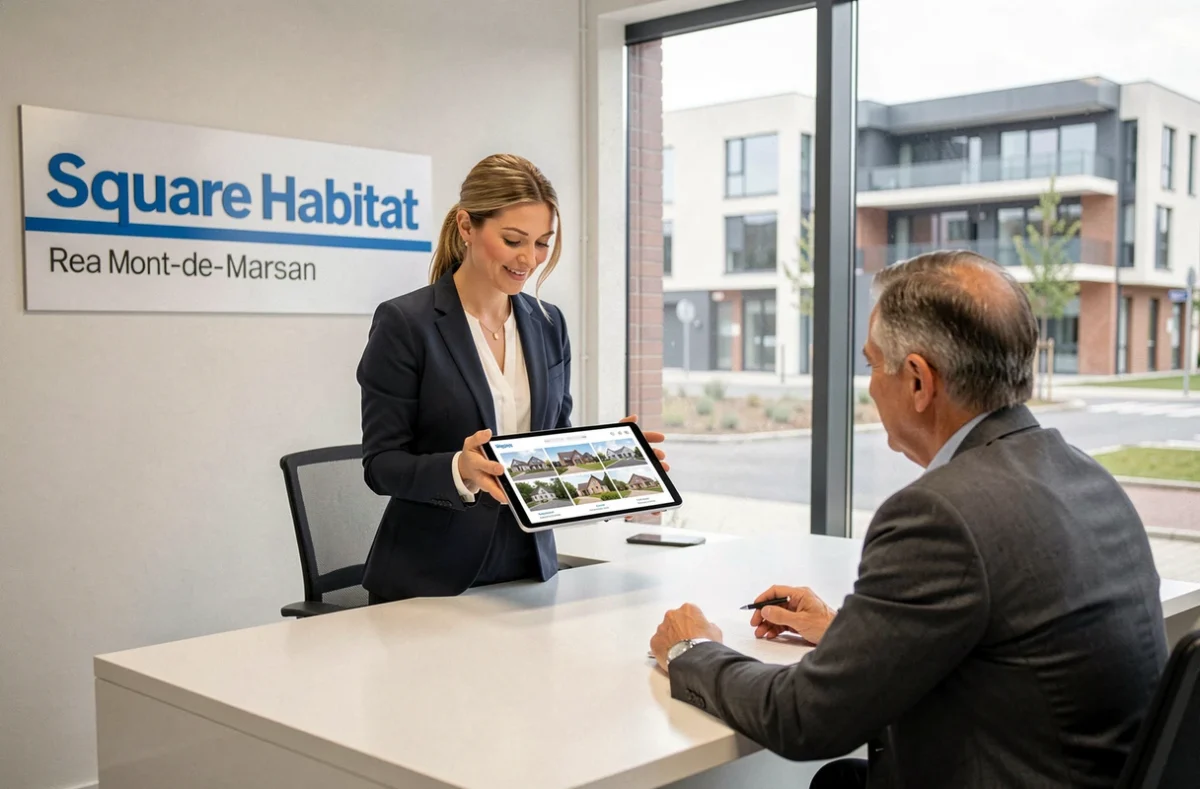 Conseillère Square Habitat présentant des biens immobiliers sur tablette à un client dans son agence des Landes