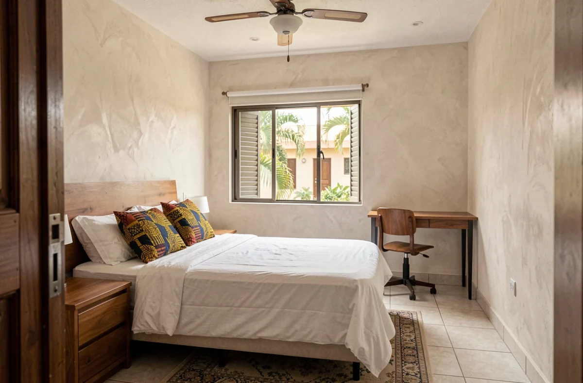 Chambre d'un studio meublé à louer à Dakar avec literie en coton et décoration en tissu wax africain