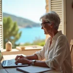 Femme en télétravail dans une maison en pierre corse avec vue sur la mer turquoise