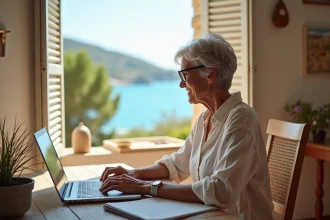 Femme en télétravail dans une maison en pierre corse avec vue sur la mer turquoise