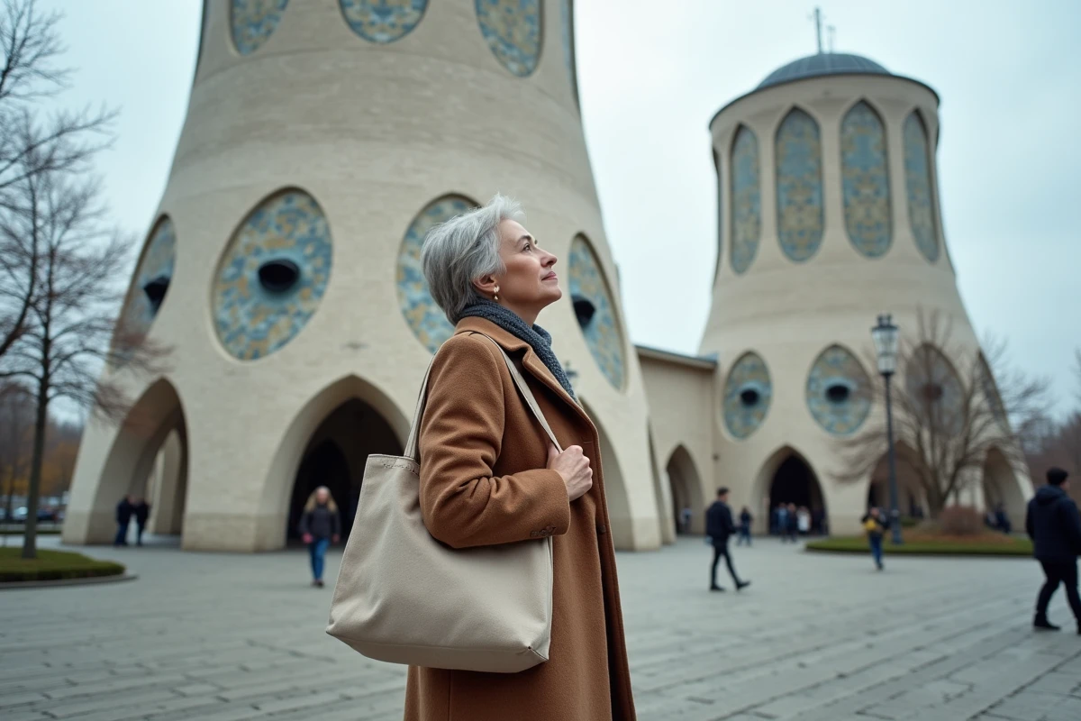 Femme observant les Tours Aillaud à Nanterre, façades mosaïques arrondies et architecture iconique de Gérard Granval