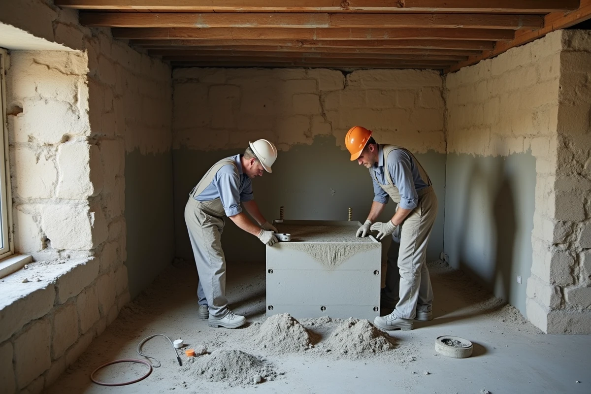 Travaux de reprise en sous-oeuvre dans un sous-sol avec coulage de béton sous fondation existante