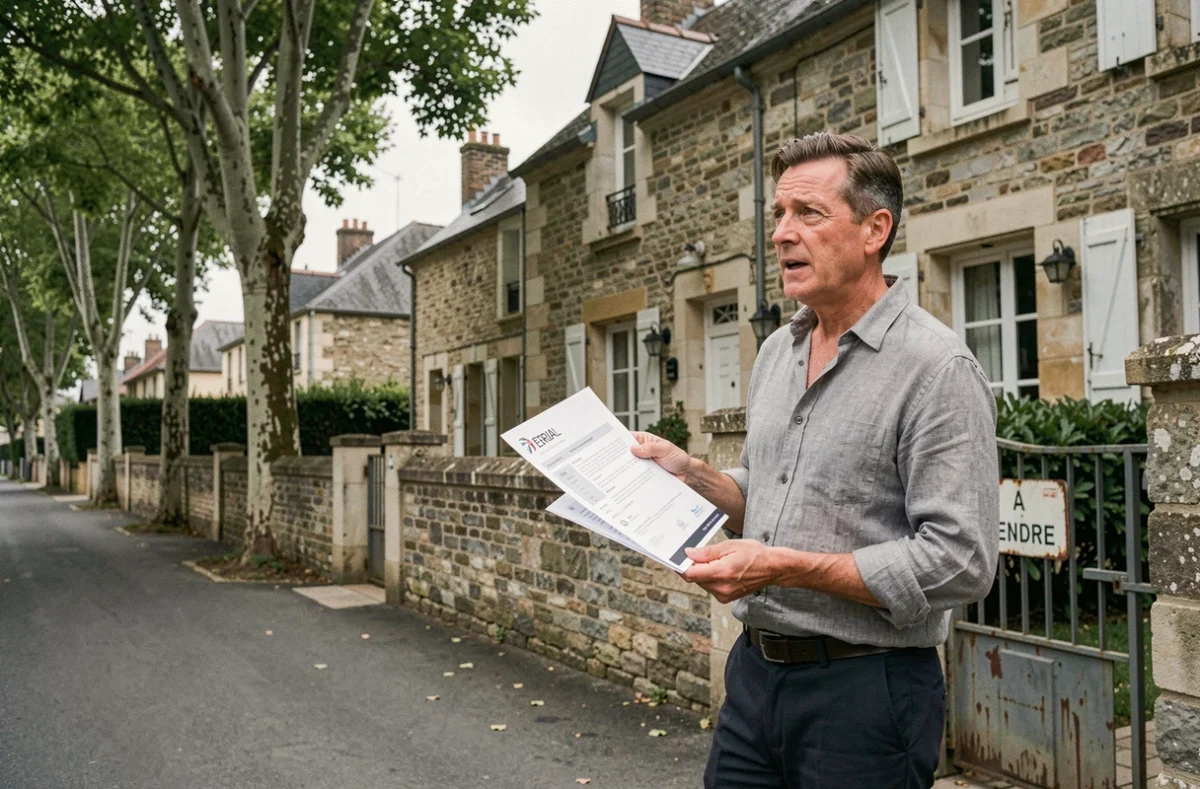 Propriétaire vendeur tenant un dossier ERRIAL devant une maison en pierre à vendre en zone réglementée
