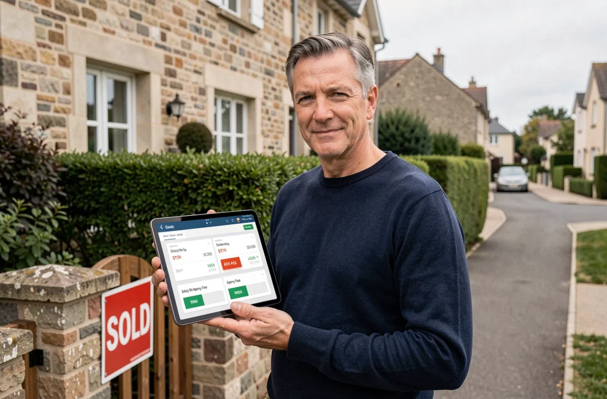 Vendeur immobilier devant une maison française consultant un logiciel de prix pour éviter les frais d'agence