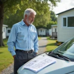 Propriétaire examinant des documents de vente d'une parcelle de terrain avec mobil home dans un parc résidentiel