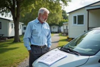 Propriétaire examinant des documents de vente d'une parcelle de terrain avec mobil home dans un parc résidentiel