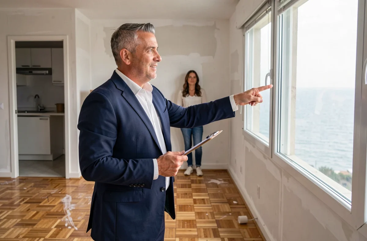 Agent immobilier présentant un appartement avec vue mer à Concarneau à des locataires potentiels