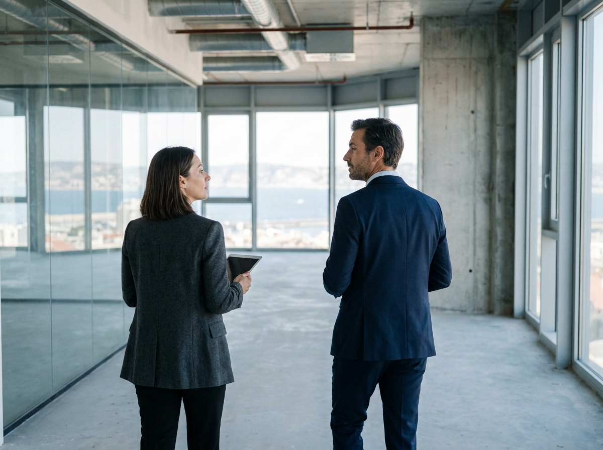 Femme d'affaires visitant un espace de bureau vide à Marseille avec un agent immobilier pour une relocation d'entreprise