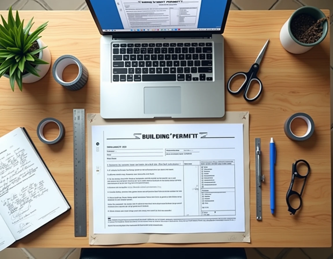Vue de dessus d'un bureau avec un panneau de permis de construire imprimé et des outils de découpe